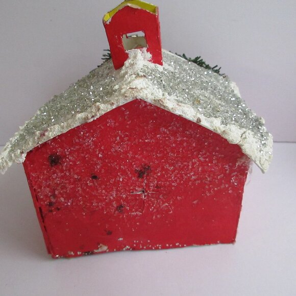 Handmade Putz Glitter Red House Retro Style Cardboard House Wreath Trim - Picture 2 of 11